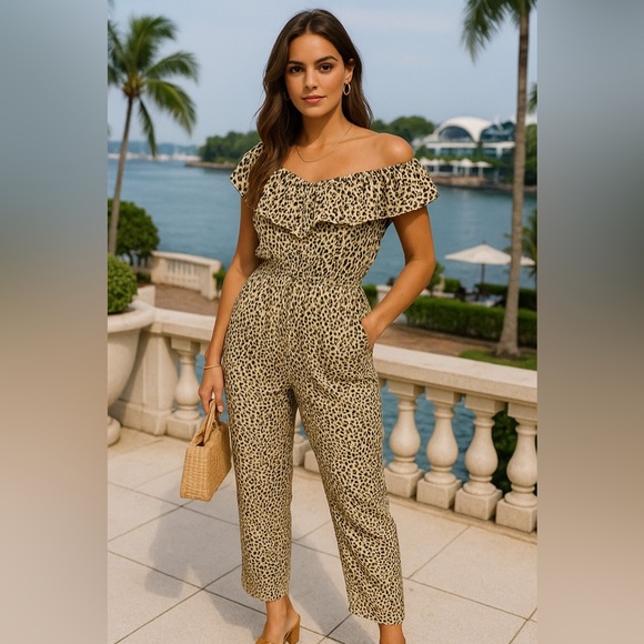 Tychee Leopard Print Ruffle Jumpsuit Pockets Valentines Streetwear Downtown Date - Picture 1 of 9